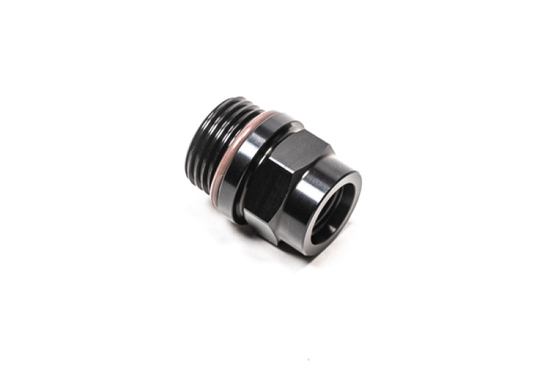 Radium Engineering 8AN ORB to M12x1.5 female fitting, automotive fluid fitting with black aluminum body and threaded connection