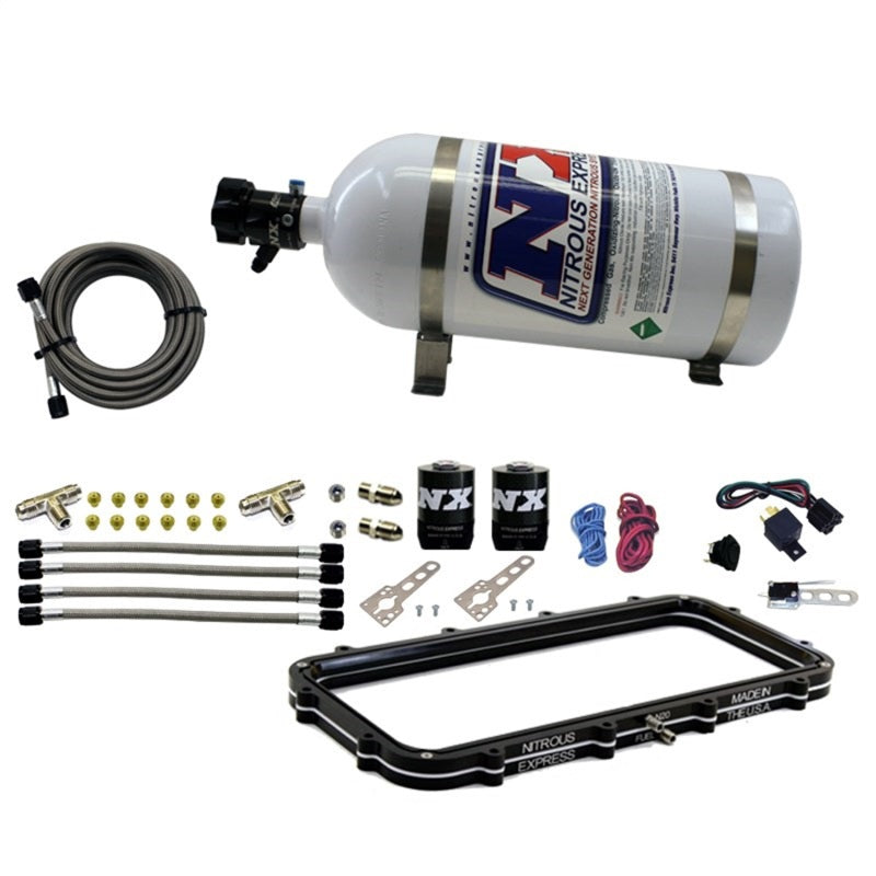 Nitrous Express Holley High Ram Plenum Nitrous Plate Kit with 10lb bottle for high-performance nitrous systems on engines.