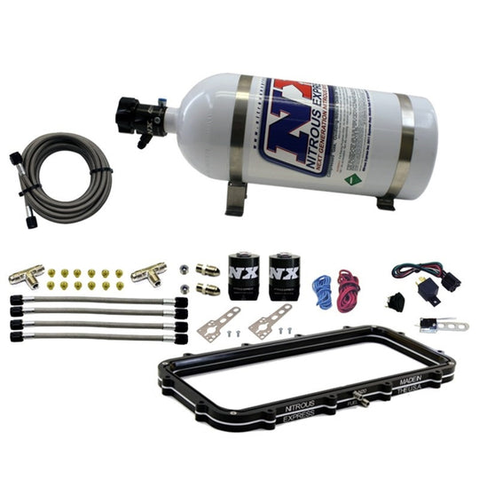 Nitrous Express Holley High Ram Plenum Nitrous Plate Kit with 10lb bottle for high-performance nitrous systems on engines.