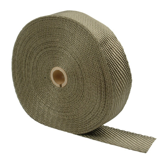 DEI Titanium Exhaust Wrap 2in x 100ft, showing the heat-resistant, braided fibrous material used for wrapping exhaust pipes.