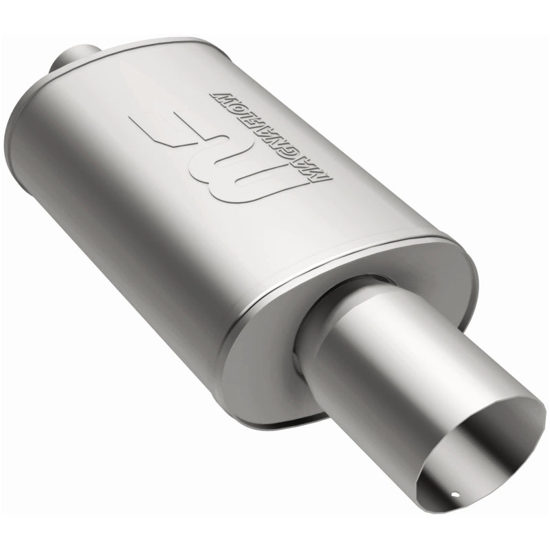 MagnaFlow stainless steel muffler with tip, 14x5x8 inches, featuring dual inlet and outlet pipes for car exhaust system.