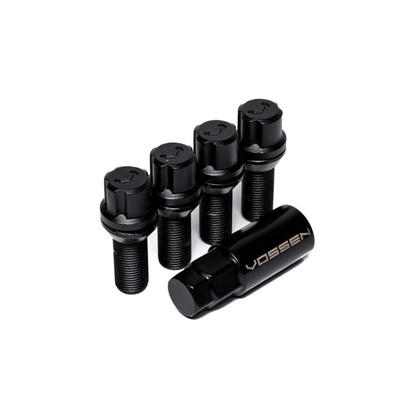 Set of four black Vossen 30mm wheel lock bolts with 14x1.25 threads, 17mm hex, cone seat for vehicle wheels.
