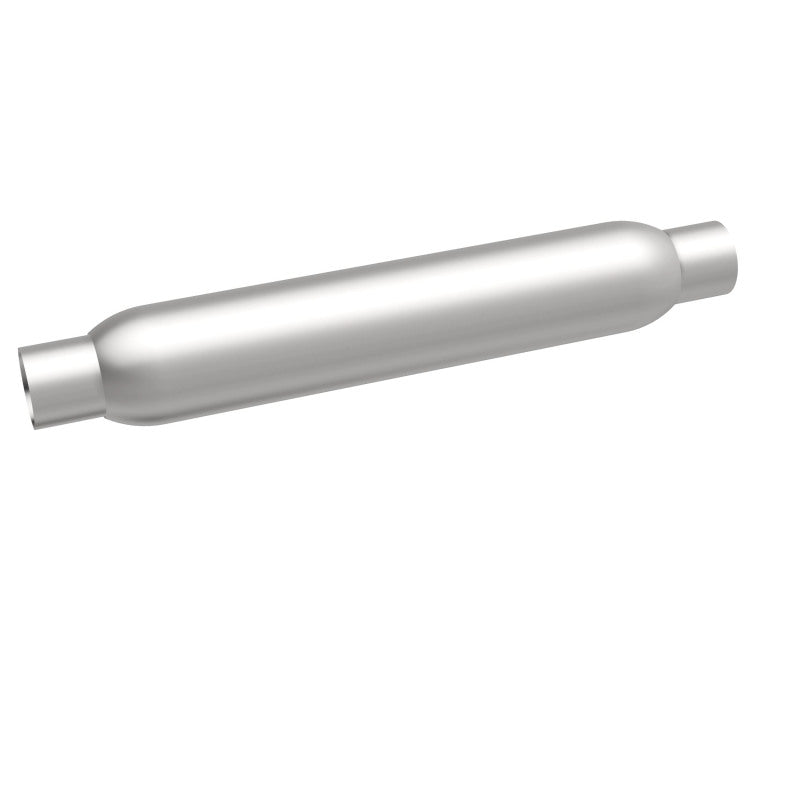 MagnaFlow muffler with 3.5-inch diameter and 18-inch length, featuring dual 2.25-inch inlet and outlet pipes, for vehicle exhaust systems.