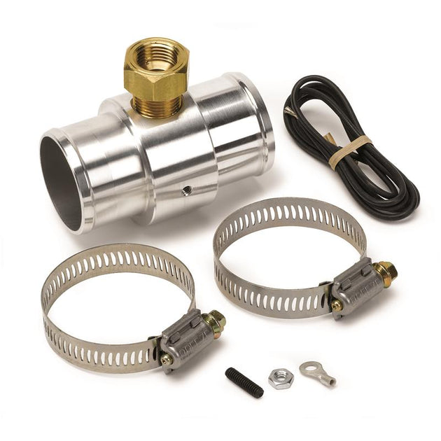 AutoMeter radiator hose adapter, 1.5-inch aluminum with 0.375-inch NPTF female threading, used for gauges and cooling system connections.