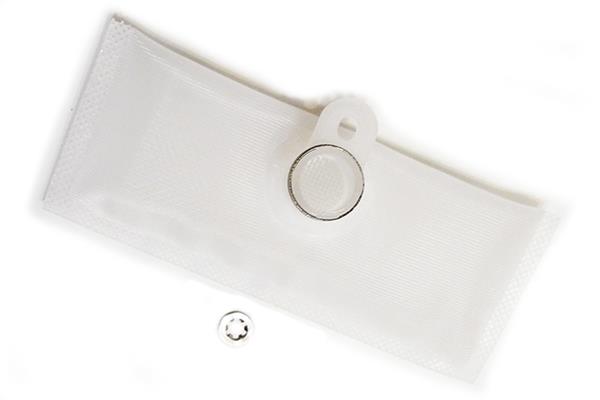Radium Engineering fuel pump inlet filter sock fitting showing mesh filter and connection end for fuel systems.