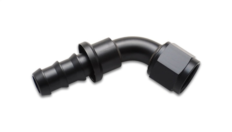 Vibrant 60-degree push-on hose end elbow fitting, -10AN size, for automotive and racing fuel or oil hose connections.