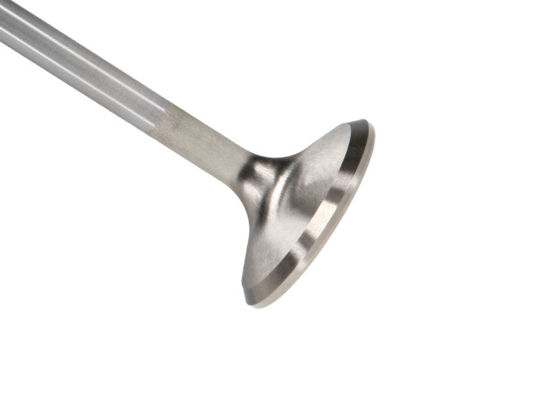 Set of eight Manley Performance Chevy LS-7 small block severe duty exhaust valves, showing shiny metal surfaces and valve heads.