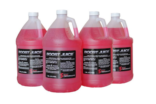 Snow Performance Boost Juice additives case with four gallons, designed to improve fuel efficiency and engine performance.