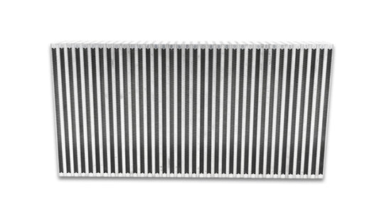 Vibrant vertical flow intercooler core with 24-inch width, 12-inch height, and 3.5-inch thickness for improved cooling performance.