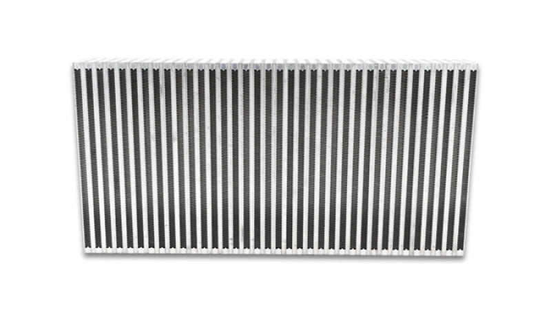 Vibrant vertical flow intercooler core with 24-inch width, 12-inch height, and 3.5-inch thickness for improved cooling performance.