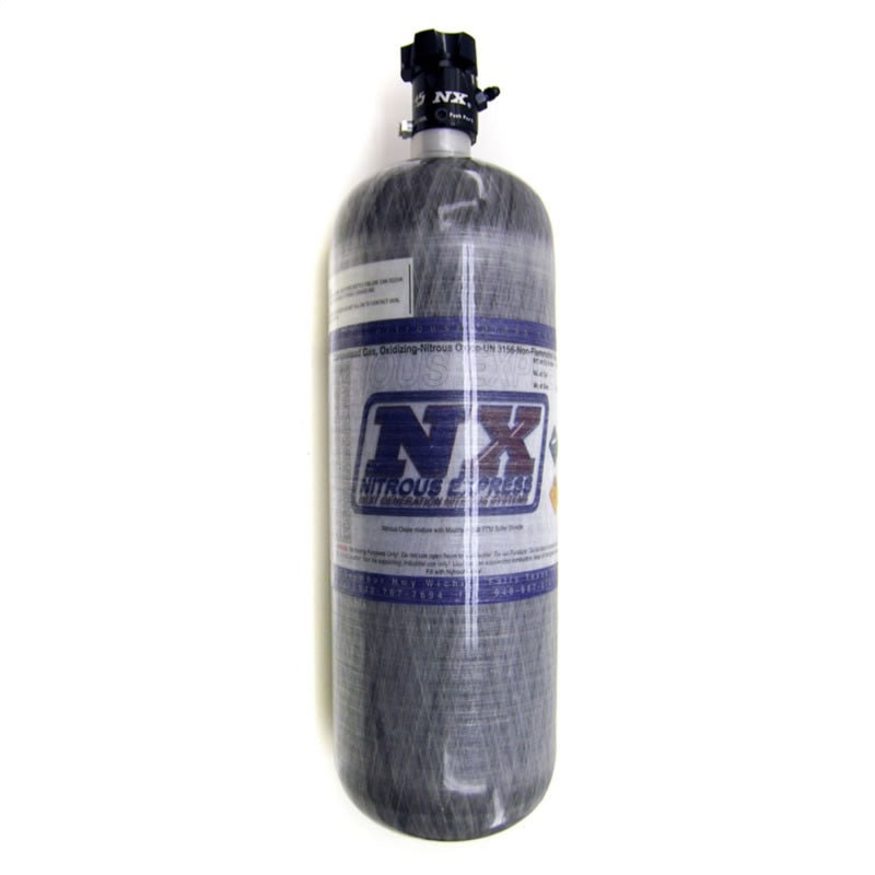 Nitrous Express composite nitrous bottle with Lightning 500 valve, 6.79 inches diameter and 23.25 inches tall, for automotive use.