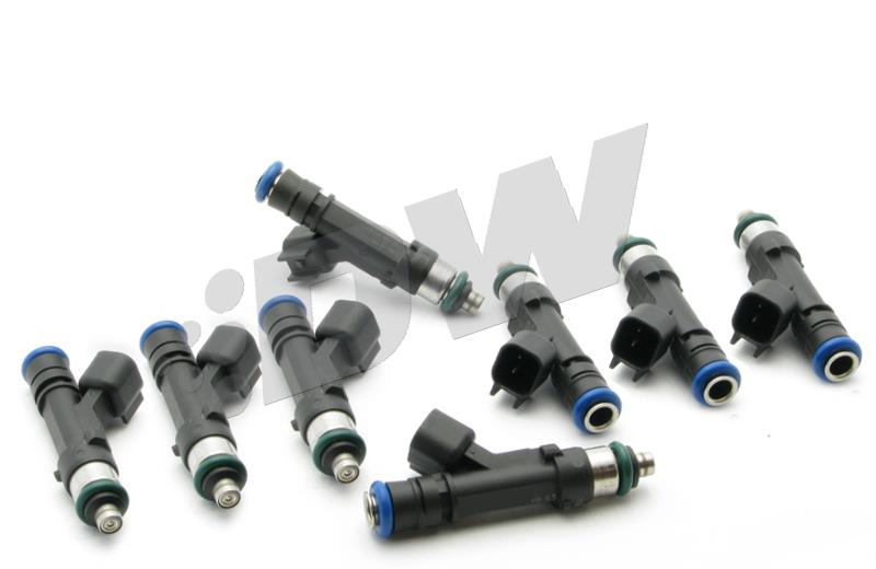 DeatschWerks LS1/LS6 series 60lb fuel injector set for 4.6L and 5.0L V8 Mustang, showing eight high-performance injectors.