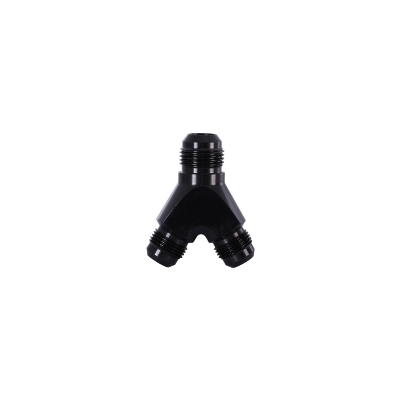 Aeromotive AN-10 Y-Block fitting with two AN-08 connections for fuel lines, made of durable metal.