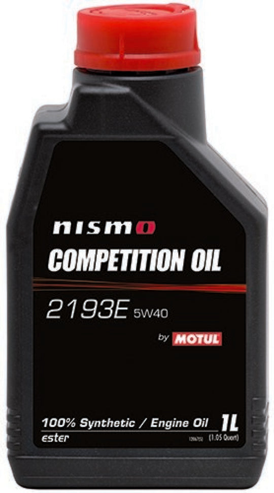 Motul Nismo Competition Oil 2193E 5W40 motor oil in 1-liter container, designed for high-performance engine lubrication.