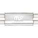 MagnaFlow Mag SS muffler with 24x5x8 inch D/D dual inlet and outlet, stainless steel construction, shown from side angle.