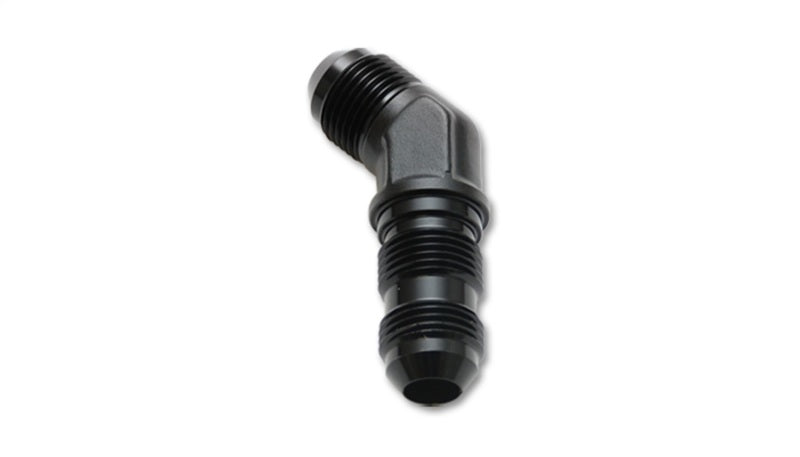 Vibrant 16AN bulkhead adapter 45-degree elbow fitting in anodized black, showcasing smooth finish and precise bend.
