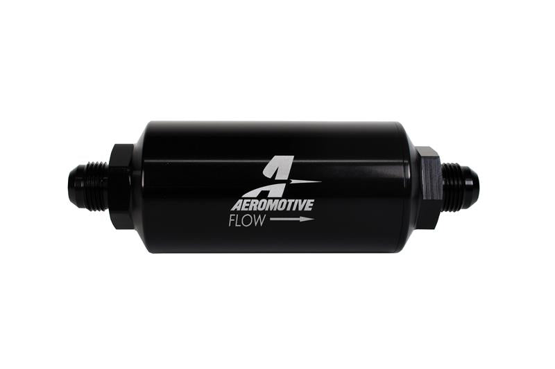Aeromotive in-line fuel filter with AN -8 male fittings, 40 micron stainless mesh element, black finish for vehicle fuel systems.