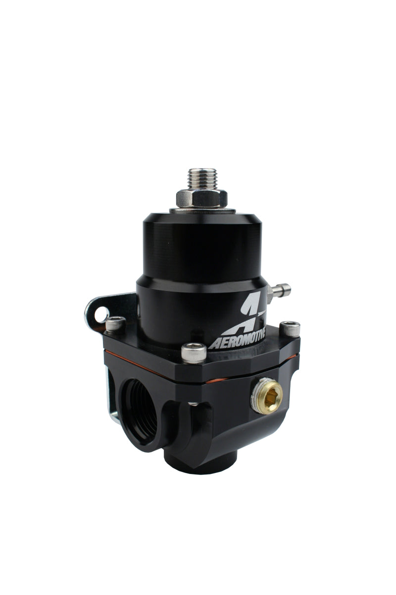 Aeromotive adjustable fuel pressure regulator with 35-75 PSI, .313 valve, two -08 inlets, and -08 return for performance vehicles.