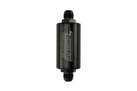 Turbosmart 10um 10AN inline black fuel filter for automotive fuel lines and filtration system.