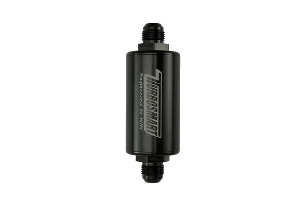 Turbosmart 10um 10AN inline black fuel filter for automotive fuel lines and filtration system.