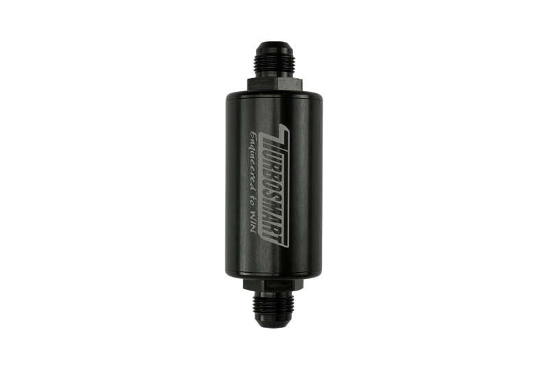 Turbosmart 10um 10AN inline black fuel filter for automotive fuel lines and filtration system.