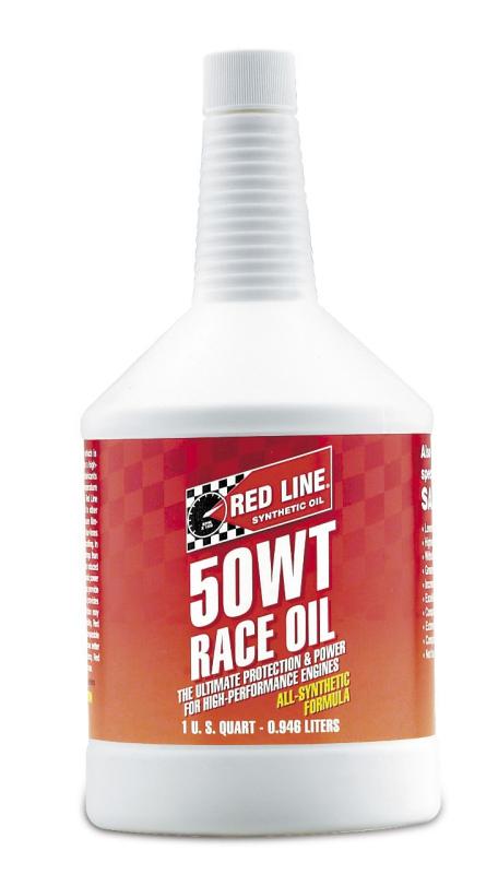 Red Line 50WT Race Oil quart container for motor oils, featuring a red and black label with product details.