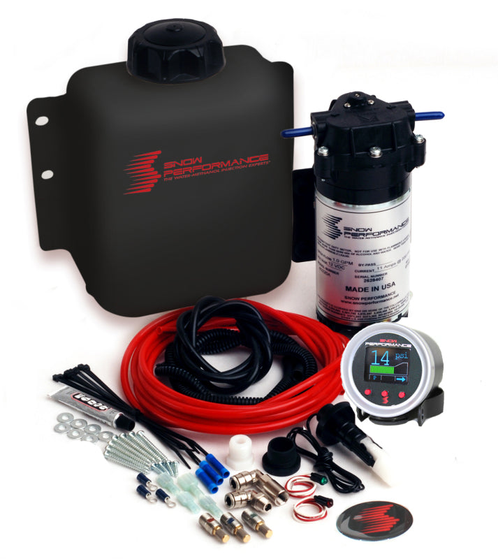 Snow Performance Gas Stage 2.5 Boost Cooler F/I Water Injection Kit with hoses and components for enhanced engine performance.