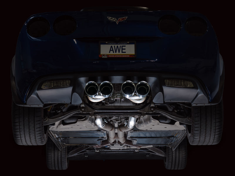 AWE Tuning C6 Chevrolet Corvette Z06/ZR1 Touring Edition axle-back exhaust with chrome silver tips, showing polished exhaust tips and pipe details.