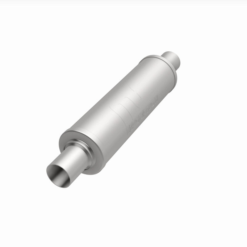 MagnaFlow Mag SS muffler with 14x4x4 inch dimensions and dual 2x2 inlet and outlet, stainless steel construction, on a plain background.
