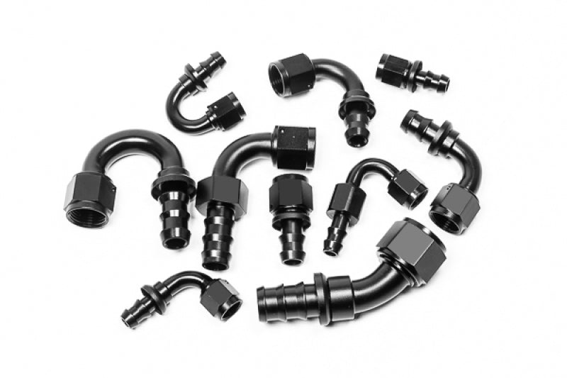 Radium Engineering 6AN straight pushlock hose end fitting showing metal construction and secure connection for automotive use.