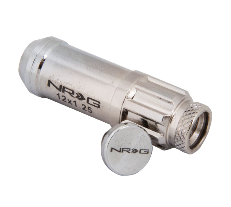 NRG 700 Series M12 x 1.25 steel lug nut set with dust caps, locks, and lock socket in silver for vehicle wheels.