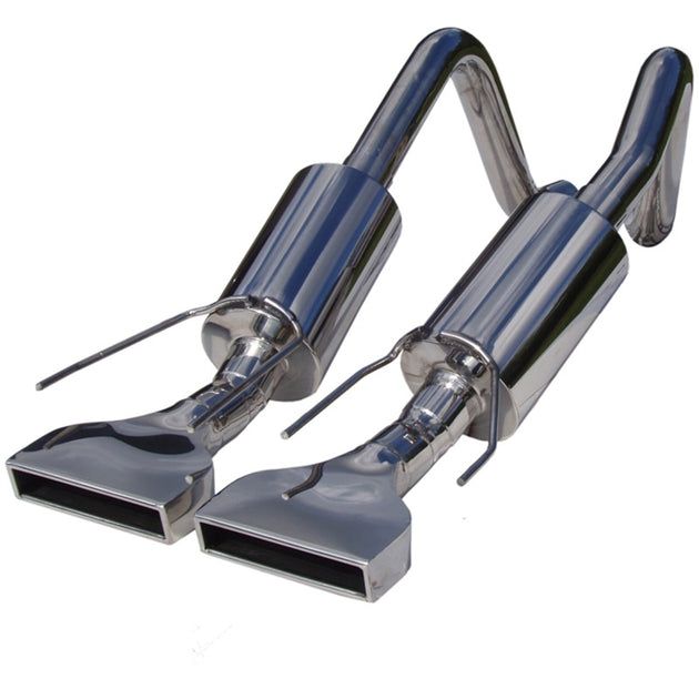 MBRP axle back dual muffler system with rectangular tips for 2005-2008 Chevrolet Corvette, showcasing the exhaust tips and pipe layout.