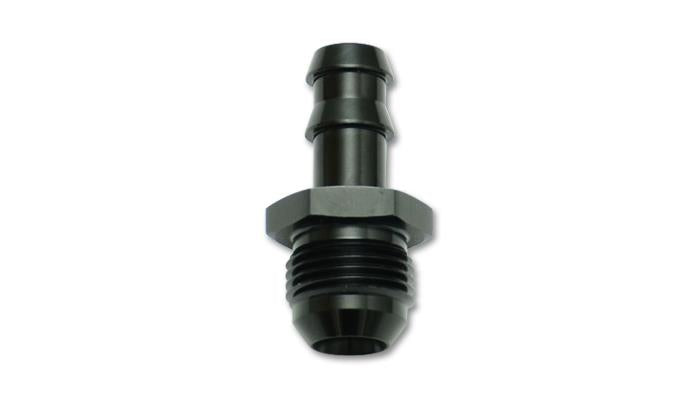 Vibrant aluminum -6 AN to 3/8 inch barb straight fitting for automotive fluid connections, showing shiny metal finish and threaded ends.