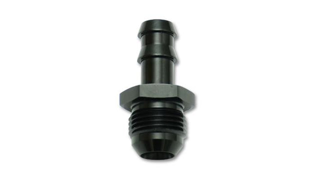 Vibrant aluminum -6 AN to 3/8 inch barb straight fitting for automotive fluid connections, showing shiny metal finish and threaded ends.
