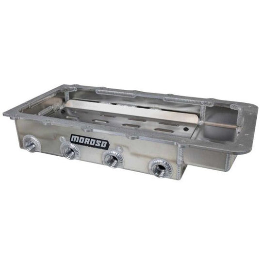 Moroso Ford Coyote drag race dry sump aluminum oil pan with detailed construction and mounting features for high-performance engines.