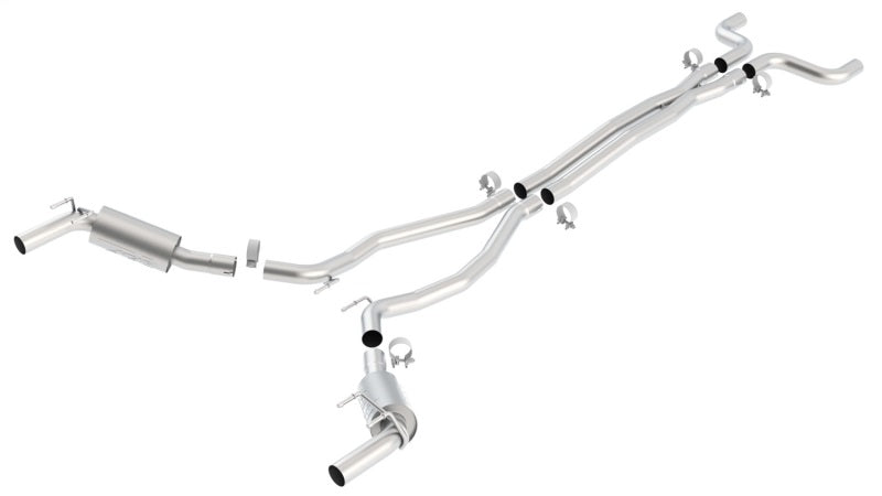 Borla catback exhaust system for 2010-2013 Chevy Camaro SS 6.2L V8 with ATAK muffler and X pipe, showing polished stainless steel pipes.