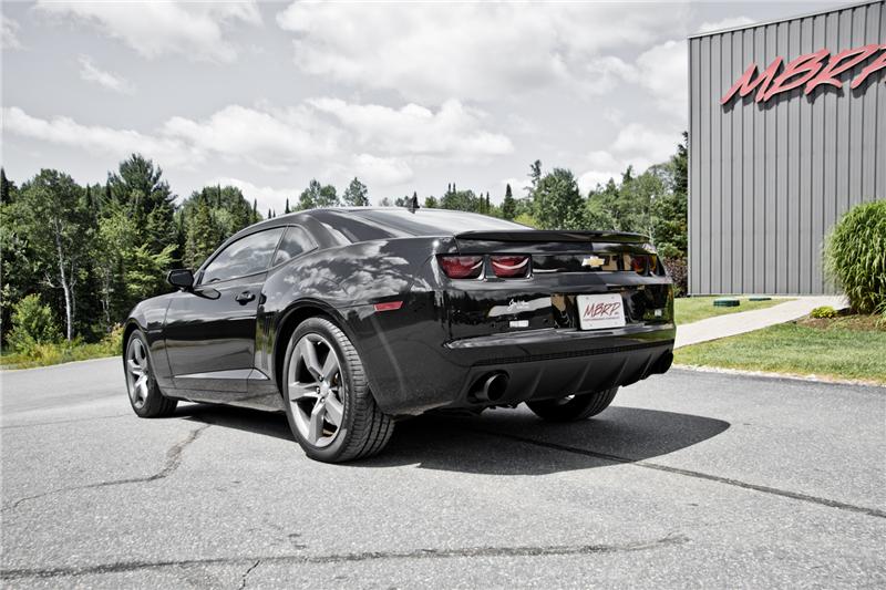 MBRP black coated axle back muffler delete for 2010-2015 Chevrolet Camaro V6 3.6L exhaust system on vehicle.