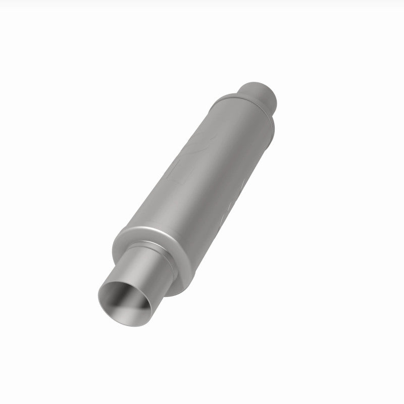 MagnaFlow Mag SS muffler with 14x4x4 inches and 2.5x2.5 inch inlet and outlet pipes, shown from the side.
