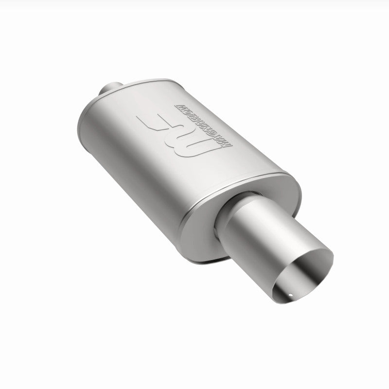 MagnaFlow stainless steel muffler with tip, 14x5x8 inches, featuring 2.25/4 inch inlet and outlet for vehicle exhaust systems.