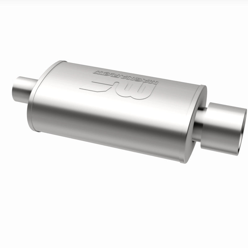 MagnaFlow stainless steel muffler with tip, 14x5x8 inches, features 2.25/4 inch inlet and outlet for automotive exhaust systems.