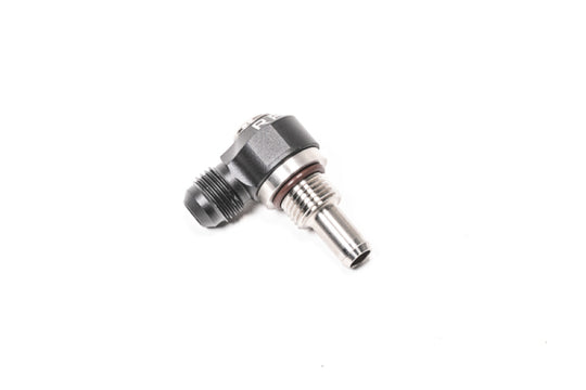 Radium Engineering 6AN orb swivel banjo fitting with 8.5mm barb to 6AN male bulkhead connection, made for high-performance automotive applications.