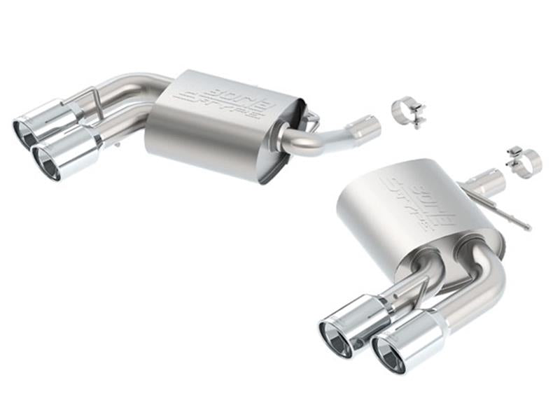 Borla axle back exhaust system for 2016 Chevy Camaro V6, rear section with polished metal pipes and dual exhaust tips
