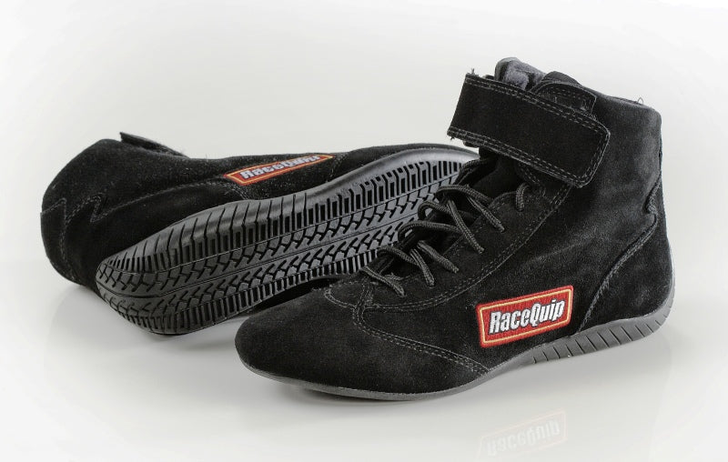 RaceQuip Black SFI Race Shoe 8.0, lightweight racing shoes with non-slip soles designed for motorsport safety and performance.