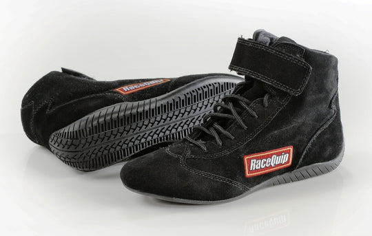 RaceQuip Black SFI Race Shoe 8.0, lightweight racing shoes with non-slip soles designed for motorsport safety and performance.
