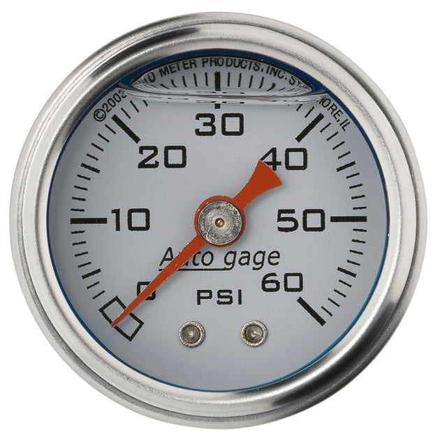 AutoMeter AutoGage 1.5-inch white liquid-filled mechanical fuel pressure gauge displaying 0-60 PSI with clear dial.