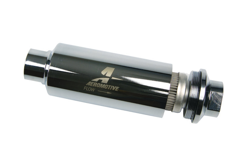 Aeromotive Pro-Series in-line fuel filter with AN-12 fitting and 100 micron stainless steel element for high-performance fuel filtration.