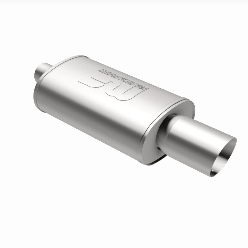 MagnaFlow stainless steel muffler with tip, 14x5x8 inches, featuring dual inlet and outlet pipes, designed for automotive exhaust systems.