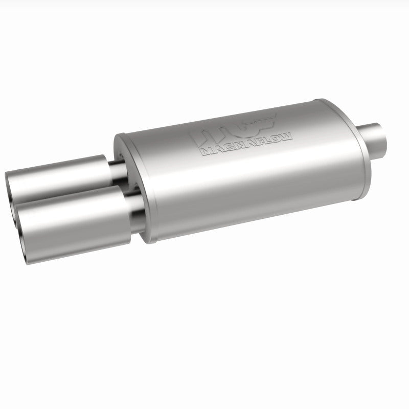 MagnaFlow stainless steel muffler with integrated tip, 14x5x8 inches, featuring 2.25/3 inch inlet and outlet for vehicle exhaust systems.