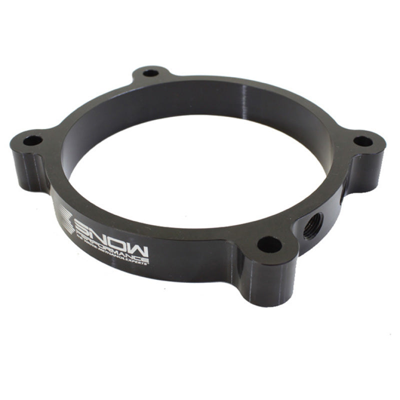 Snow Performance 102mm LS throttle body injection plate for water methanol systems, shown mounted on engine intake.