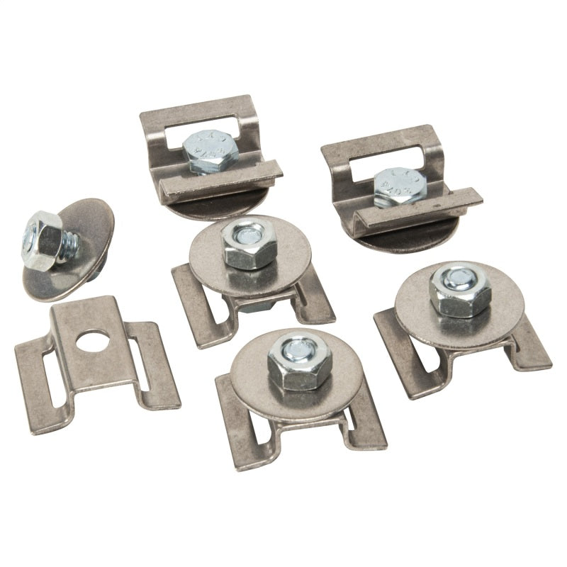DEI Universal Heat Shield Stand-Off Mounting Kit fittings, showing metal components and mounting hardware for heat shield installation.